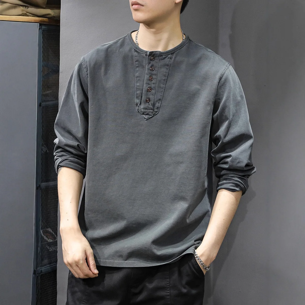 New Casual Men's Cotton Long Sleeve T-Shirt Loose Thin Spring And Autumn Henry Neck Bottom Shirt Sweater