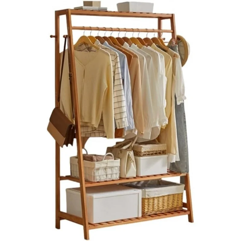 

2026 New：Hat , Wooden Coat Hanger, Clothing Garment Rack with 2-Layer Shelf, Clothes Stand Hall