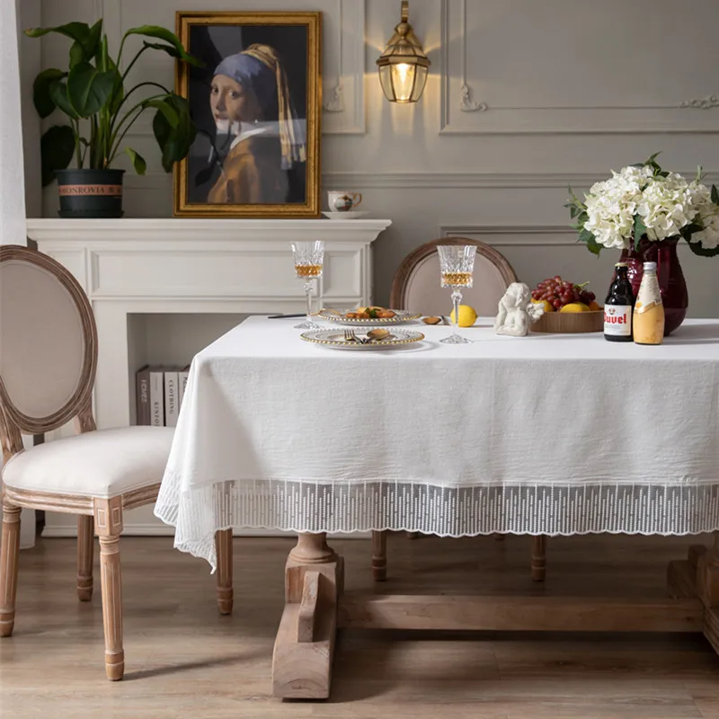 Mantel de lino blanco elegante para mesa, cubierta rectangular con borlas, decoración elegante para boda