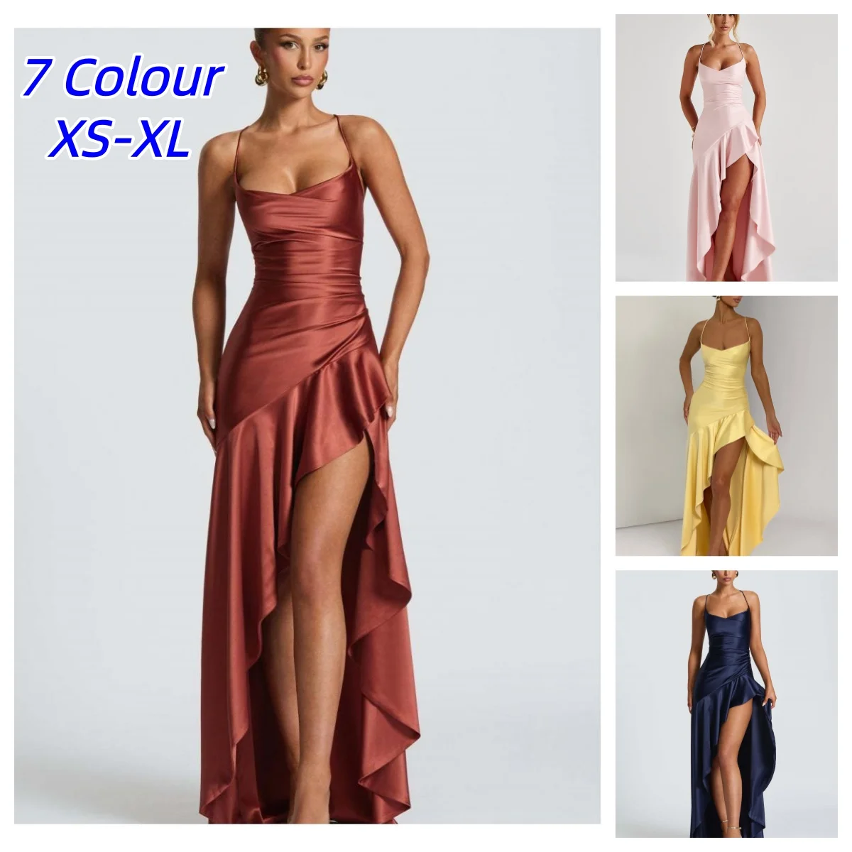 Elegantes Satin-Maxikleid mit Spaghettiträgern und Schlitz für Damen – Sexy rückenfreies Bodycon-Party- und Abendkleid, unregelmäßiges Sommer-Urlaubskleid für den Strand 2026