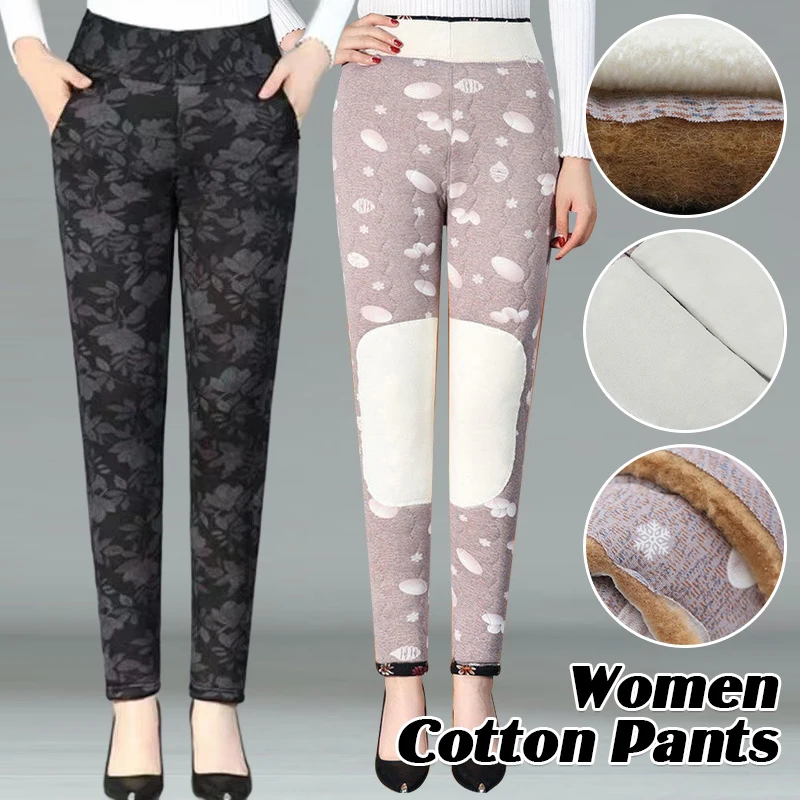 Winter Vintage Women Leggings Print Warm Leggings Thicken Plush Hight Waist Keep Butt Lift High Stretchy Walking Pants Pocket