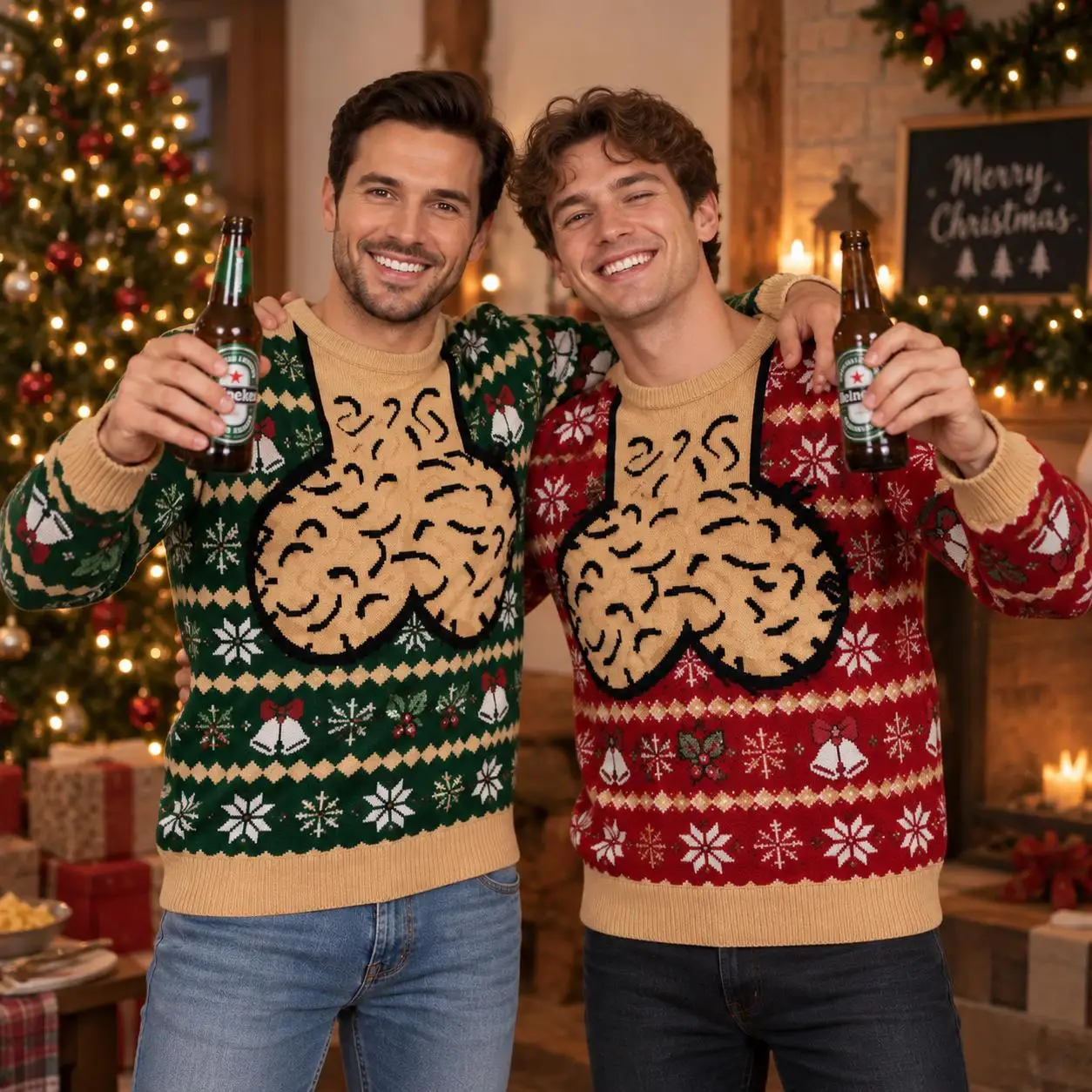 Men Christmas Ugly Sweatshirt Funny Chest Hair Suspender Crew Neck Long Sleeve Snowflake Bell Green Red Blue Xmas Party Gifts