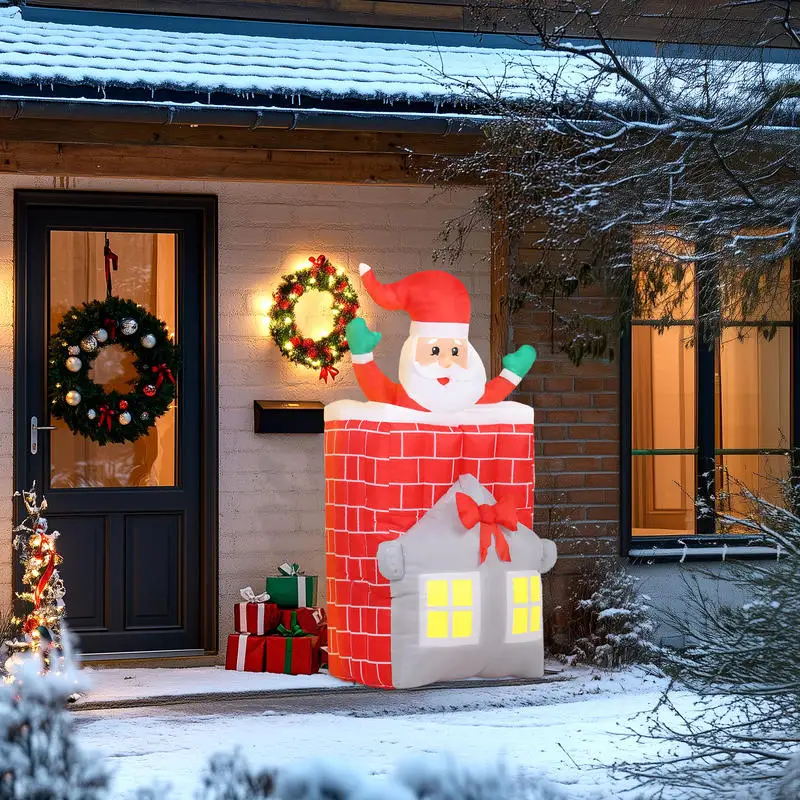Outsunny 7FT Christmas Inflatable Santa in Chimney Up and Down, Blow Up Decoration with Built-in LED Lights for Indoor Party