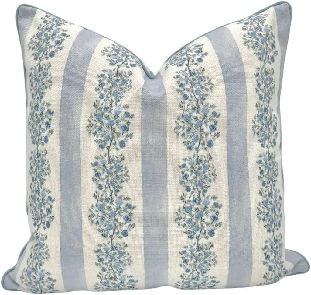 

Floral Block Print Pillow Cover in Soft Blue and Off-White, 24x24 Inch Decorative Throw for Grandmillennial Home Decor