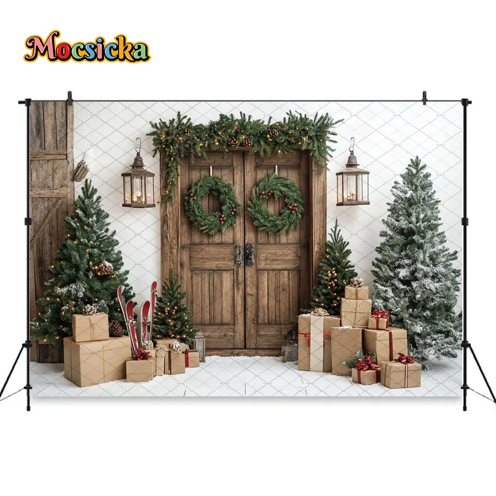 Mocsicka fundo de porta de natal de madeira, fotografia, trenó, presentes, árvore de natal, cenário de neve, inverno, criança, família, estúdio de fotos