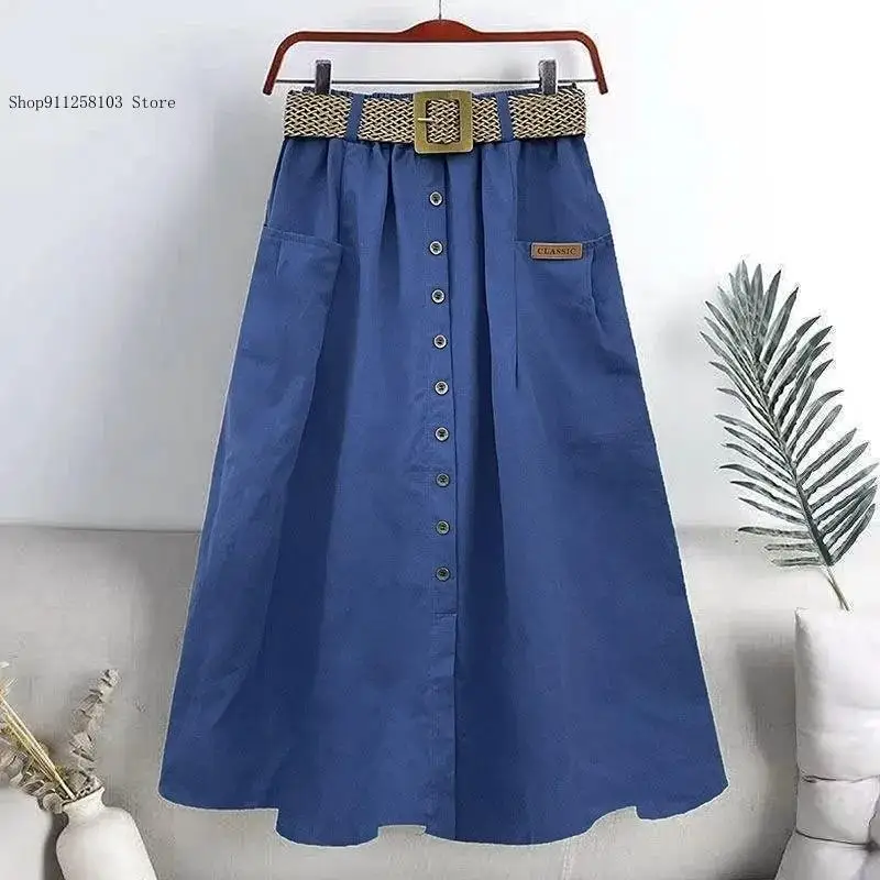 Summer Vintage Single-Breasted Elastic-Waist Pocket Belt Skirts Lady Long A-Line Skirts Women's Washed Cotton Skirt