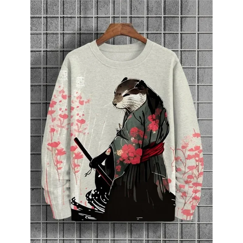 Men\'s Floral Otter Water Japanese Art Print Casual Sweatshirt Funny Cool Samurai Tracksuit Harajuku Couple Hip Hop Streetwear