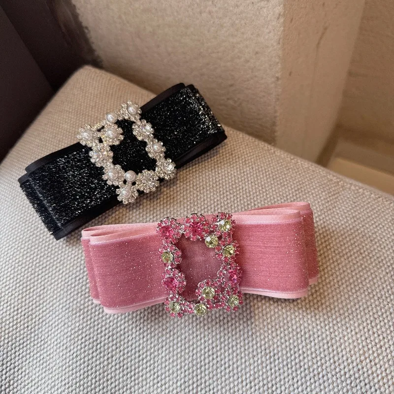 

Заколка для волос в корейском стиле, 13,5 см, бархатная, с бантом из страз и жемчугом, винтажная, элитная, пружинная, аксессуар для волос