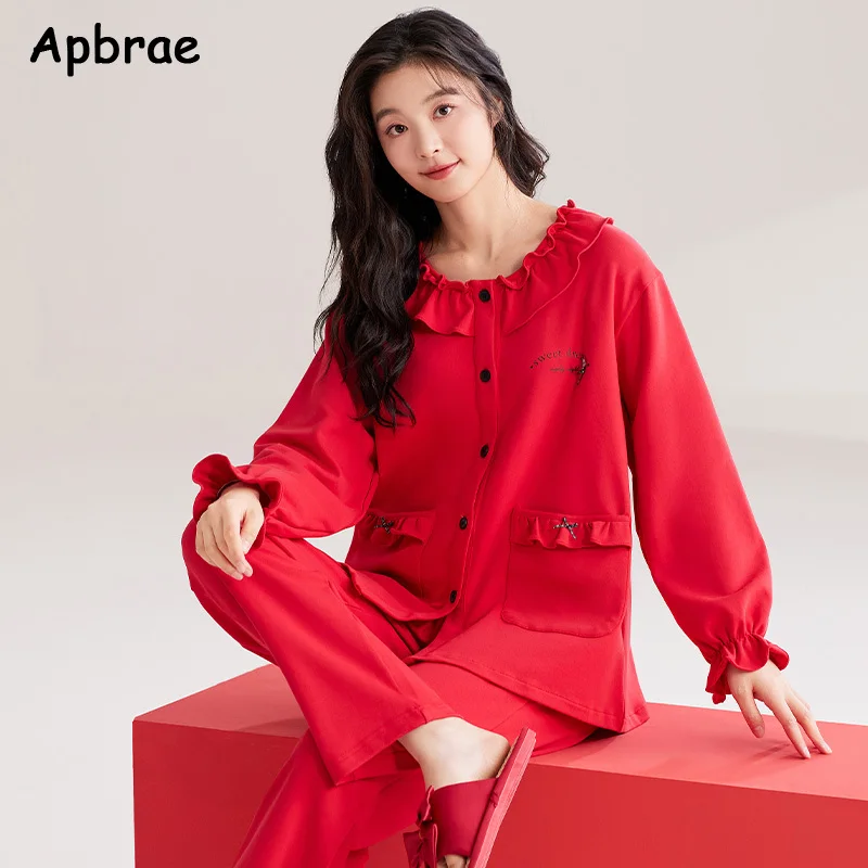 Heart Print Red Pajamas for Women Autumn Winter Long Sleeves Cotton Pijamas Woman Nightwear Lapel Cardigan Sleepwear