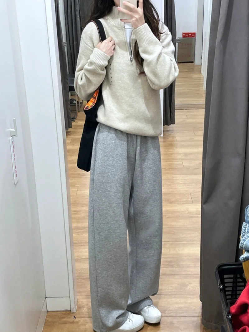 

Весна и осень 2024, новые серые, черные спортивные брюки, женские брюки из чистого хлопка, повседневные универсальные свободные брюки с прямой талией