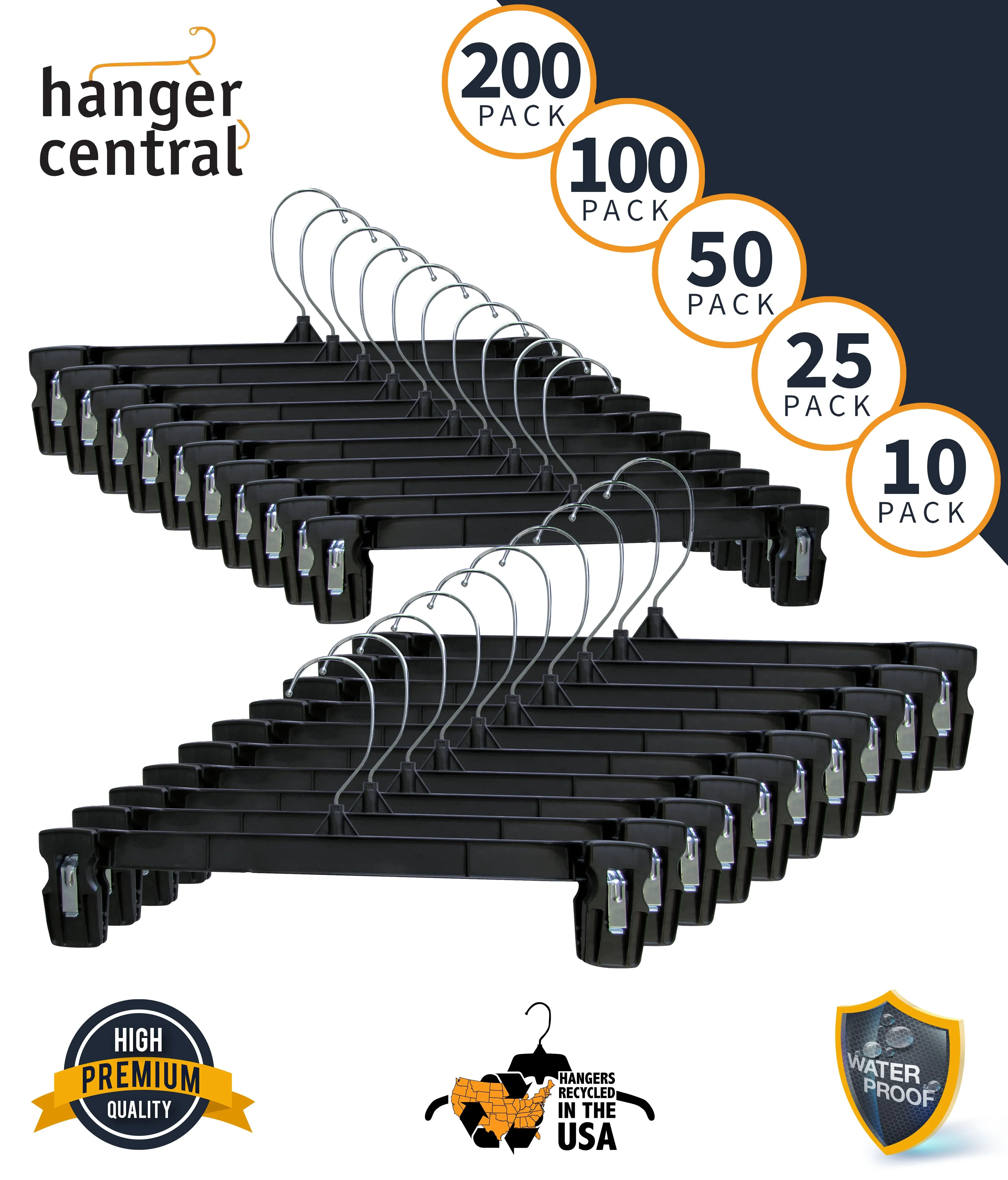 Hanger Central Paquete de 100 Perchas para Pantalones – Perchas Delgadas de Plástico de 10 Pulgadas con Clips para Faldas, Pantalones, Shorts – Organizador de Armario Antideslizante Resistente que Ahorra Espacio con Gancho Giratorio – Negro