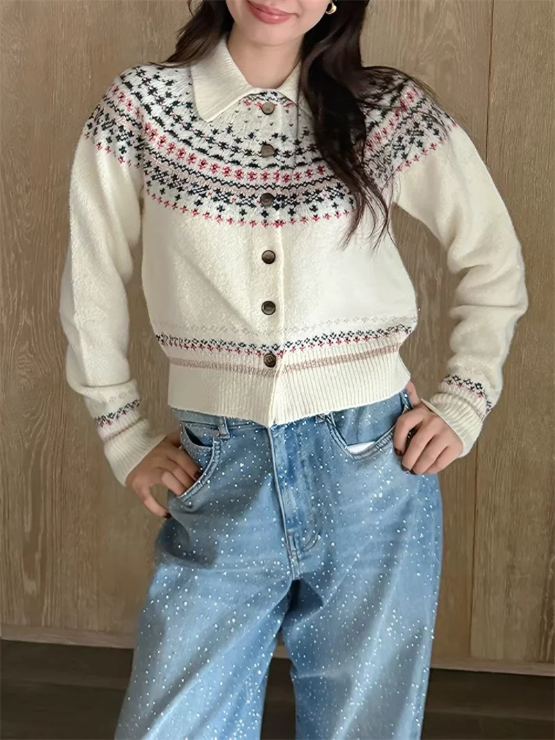 Shiny Thread Decoration Women Vintage Knit Cardigan Jacket 2026 Autumn Single Breasted Lapel Fashion Print Long Sleeve Sweater