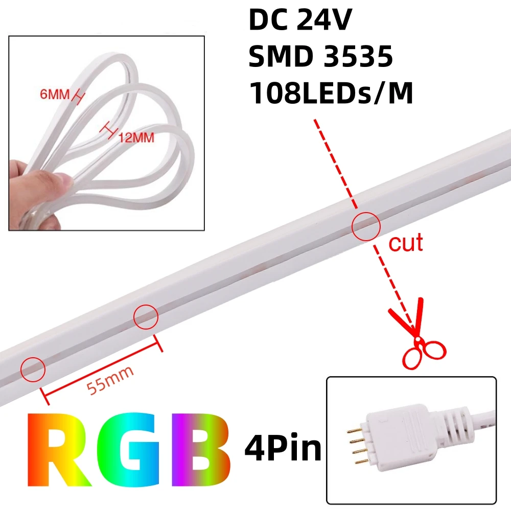 Tira de luces LED de neón RGB, 12V, 24V, 108LEDs/M, cinta de lámpara de silicona Flexible impermeable, cinta de 4 pines, 6x12MM, SMD3535,