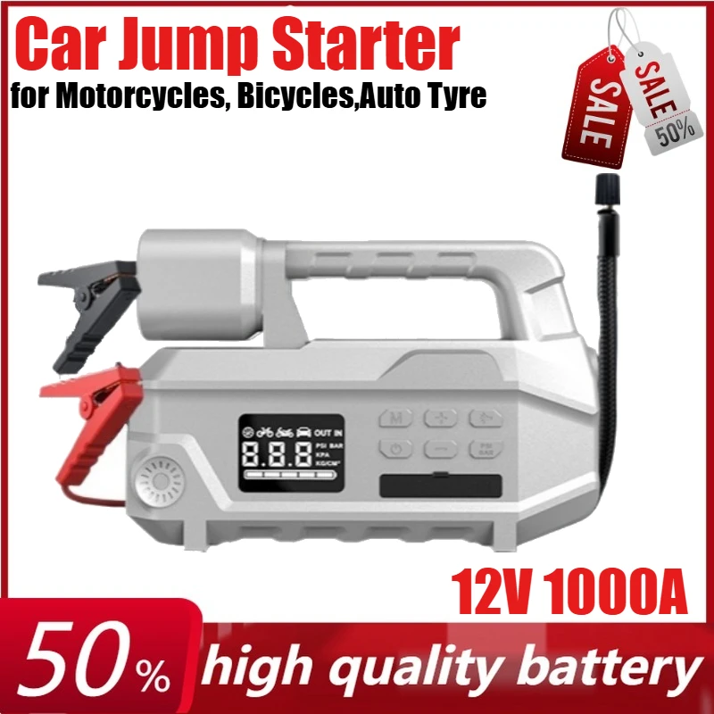 

12V 1000A Portable Car Jump Starter Tire Inflator with Booster Power Bank for Motorcycles,Bicycles,Auto Tyre