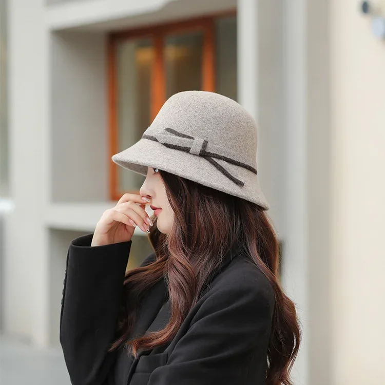 Vintage Women Bow Visor Hat Fashion Furry Bucket Hat Autumn Winter Korean Version Fluffy Panama Hat Warm Ladies Fisherman Cap