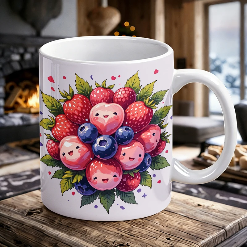 

Cute Berry Bouquet Handle Ceramic Mug, Full Print Pattern Coffee Cup, Insulated Milk Mug, Water Cup for Office, Fade-Resistant