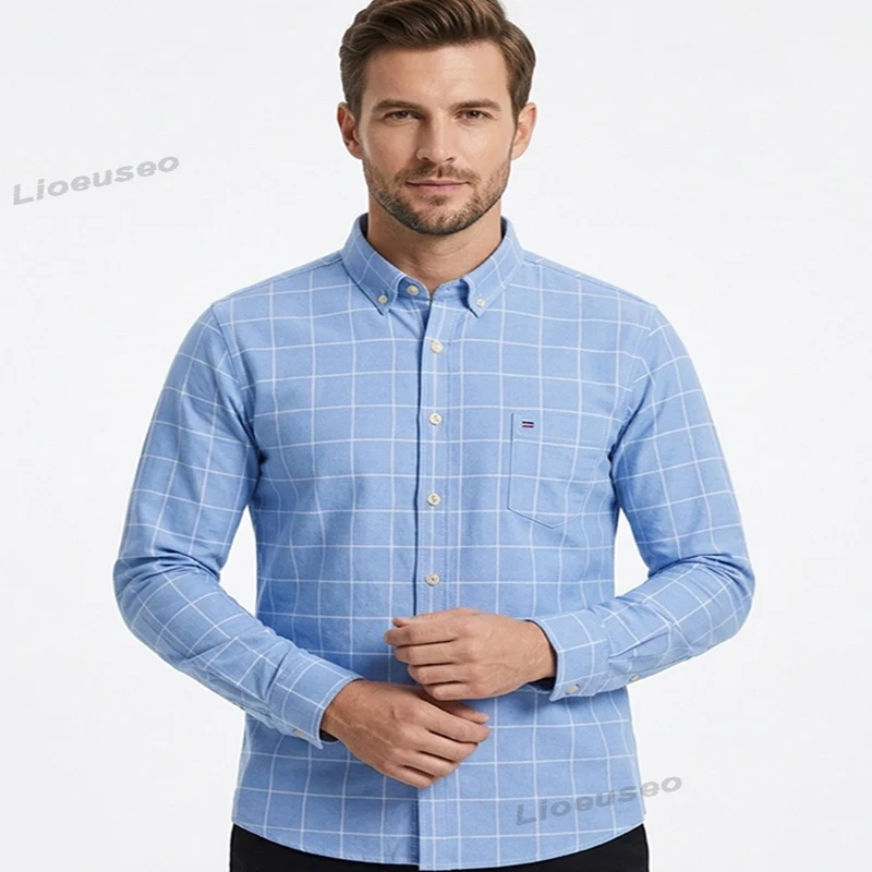

100% Cotton Oxford Shirts For Mens Long Sleeve Plaid Shirt Striped Male Business Tartan Casual Shirt Social Man Designer Clothes