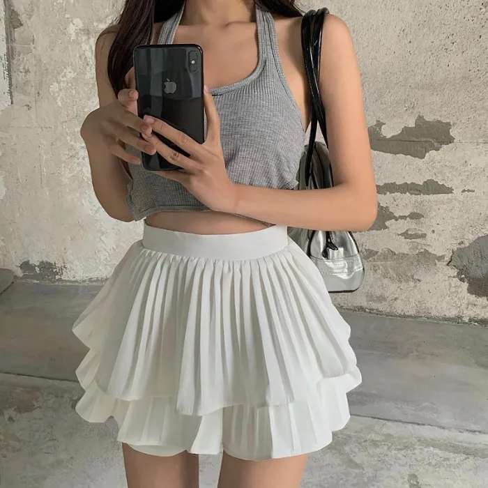 กระโปรงพลีทสองชั้นเอวสูง รุ่นใหม่สำหรับฤดูร้อน สไตล์หวานซ่อนเปรี้ยว ไซส์เล็ก สีขาว ทรงเอ หรือทรงเค้ก