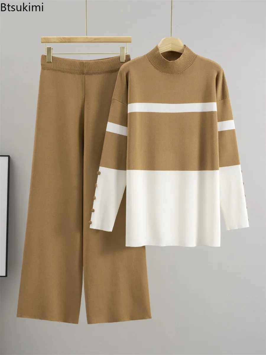 Women Fashion Splicing Knitted 2piece Set Casual Half High Collar Striped Sweater Top High Waist Wide Leg Straight Leg Pants Set