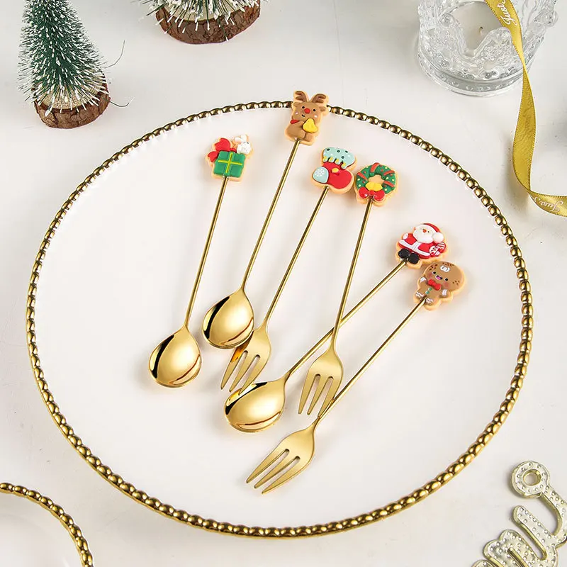 Christmas Series Stainless Steel  Dessert Spoon Cartoon Fruit Fork Ice Cream Coffee Spoon Stirring