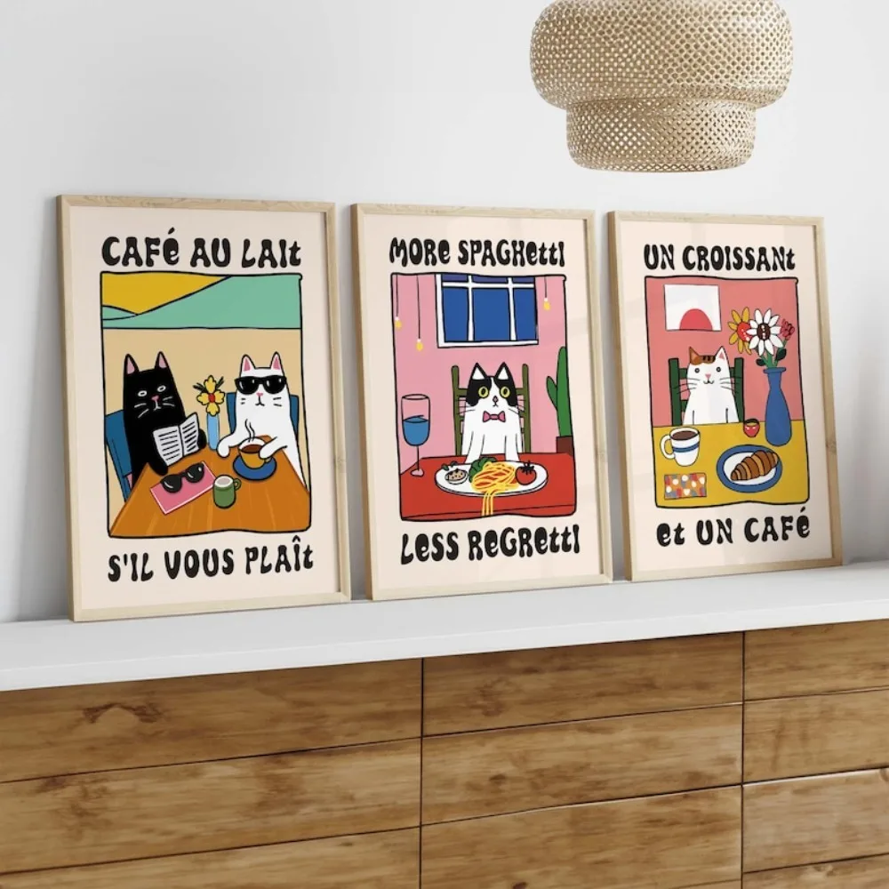 Cat Prints Set of 3,Kitchen Wall Art,Spaghetti,Cafe Au lait,Croissant Cat Poster,Dine Room Wall Decoration,Cat Art Gift Idea