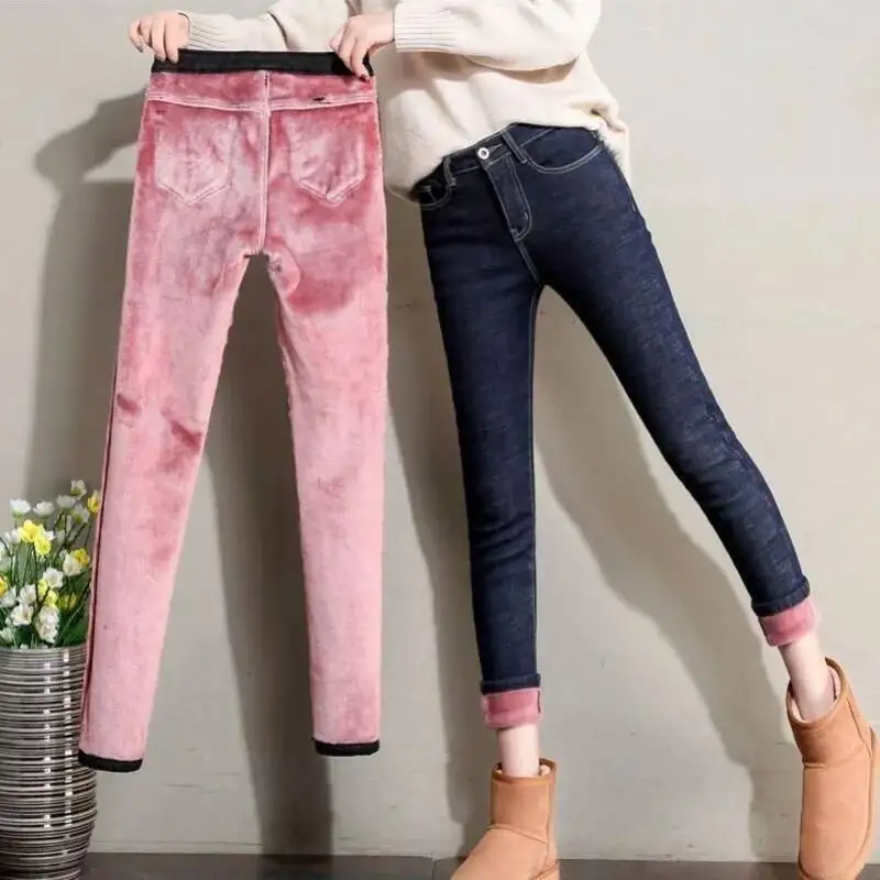 

2025 Winter Women's Leggings With Plush And Thickened High Waist Jeans ElasticTight Pencil Warm Plus Velvet Denim Pants