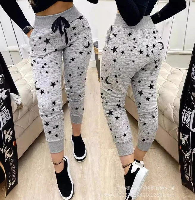 Pantalones de cintura alta con estampado de estrellas para mujer, pantalón largo informal, ajustado, con bolsillos, color gris, Primavera, 2024