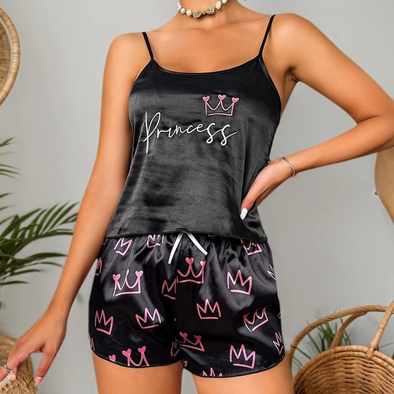 

Trendy Crown Print Satin Pyjama Set For Women Backless V-Neck Slip Vest And Bow Decor Shorts Comfortable Sleepwear Loungewear