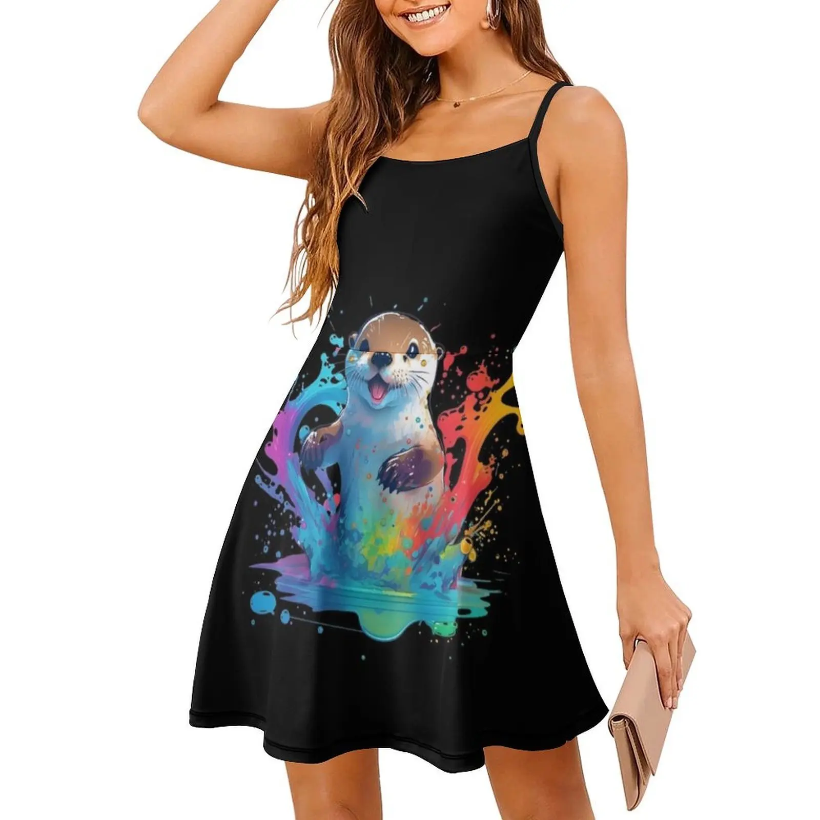 فستان بوهيمي بدون أكمام مطبوع عليه قضاعة سعيدة للنساء، فساتين حفلات الشاطئ المطبوعة، لعبة قضاعة سعيدة مع