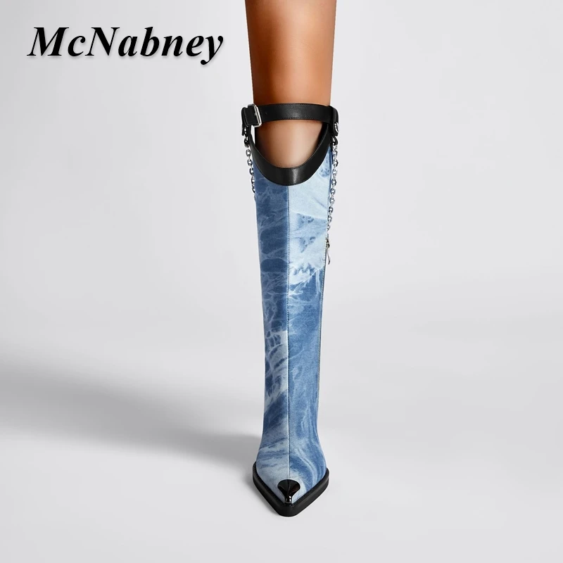 2023 New Denim Metal Buckle Chain Pointed Toe Boots Chunky High Heeled Buckle Strap Fashion Side Zipper Women Knee Boots Shoes