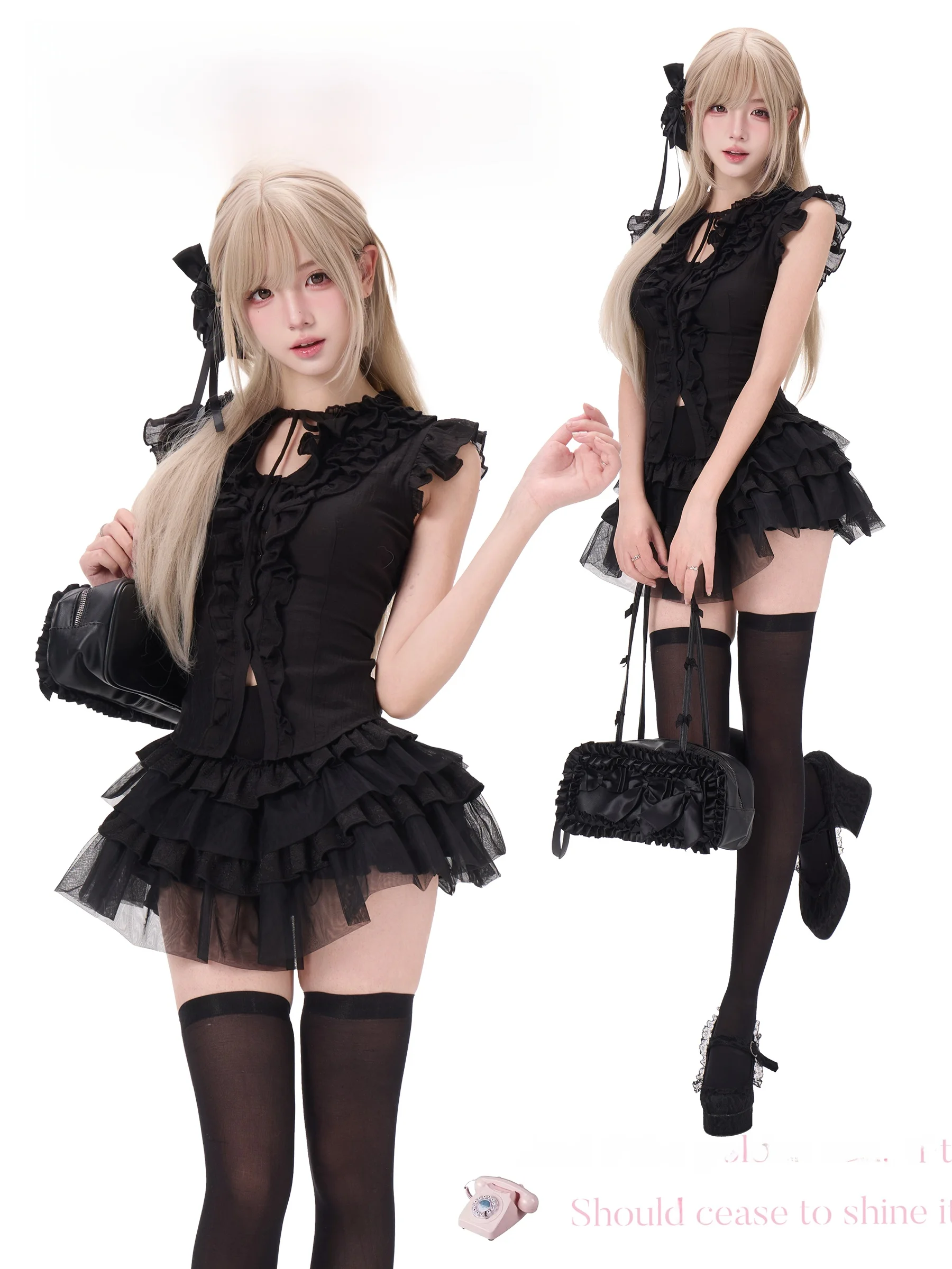 Gothic Style Black Lace Top And Skirt Set Cake Skirt Fly Sleeve Short High Waist Floral Print Spring Summer Autumn Adult Women