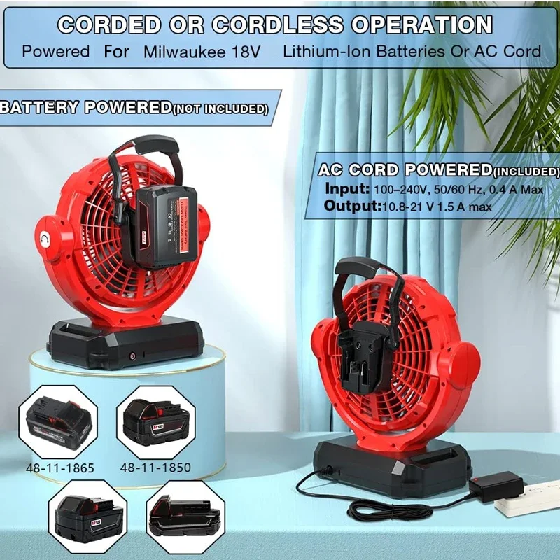 Cordless Fan For Milwaukee 18V Li-ion Battery Portable Construction Site Camping Fan, Battery Powered 3 Speed ​​Variable