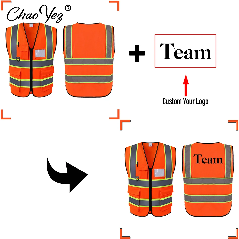 Chaleco reflectante de seguridad de alta visibilidad con logotipo de texto personalizado, ropa de ciclismo personalizada para construcción, tráfico, equipo al aire libre