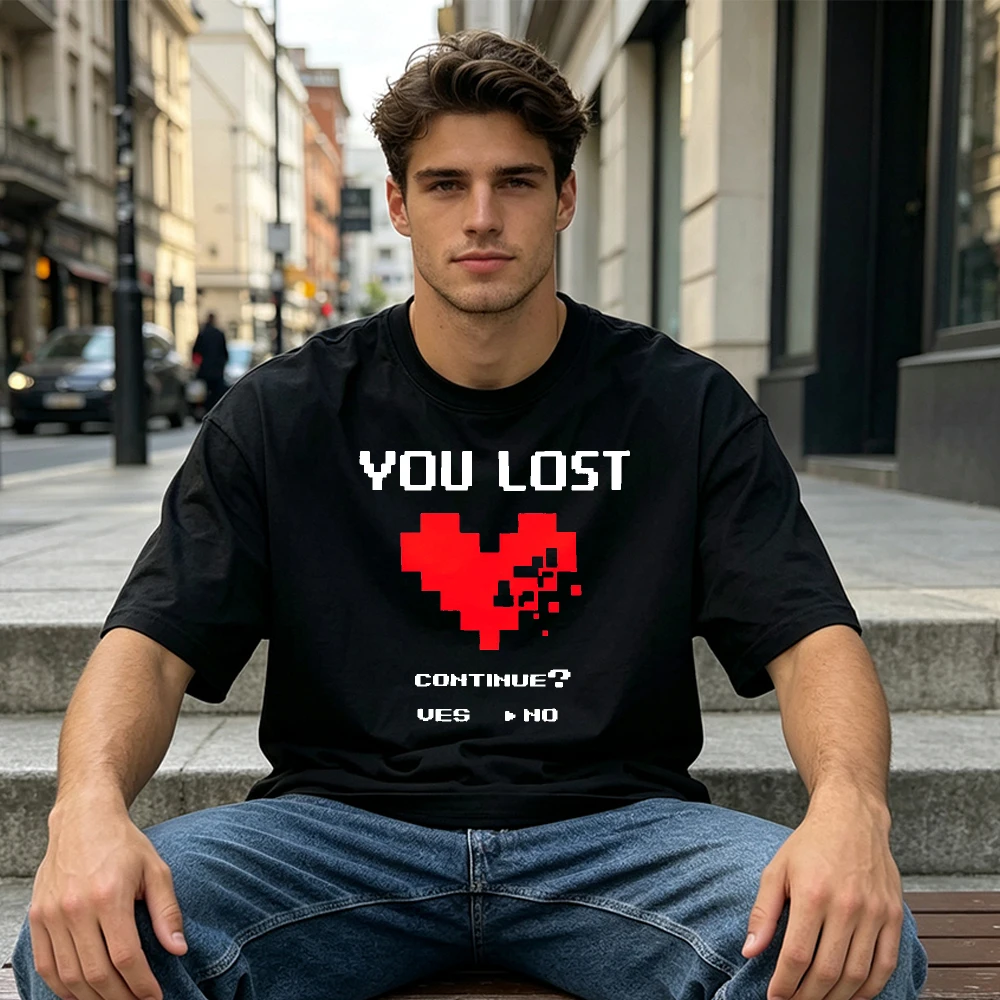 YOU LOST CONTINUE? Retro Game Over Print Summer Cotton Tee Men Women Arcade Gaming Crew Neck Tshirt