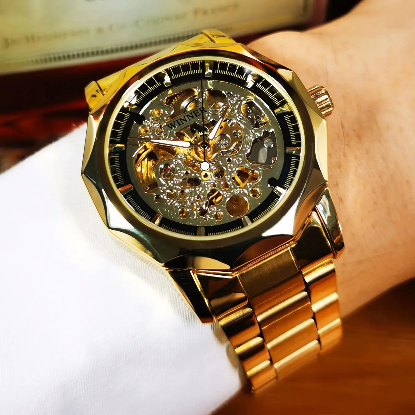 

Роскошные золотые механические часы для мужчин с люминесцентными стрелками, ремешок из нержавеющей стали, модные деловые автоматические мужские часы WINNER, новинка