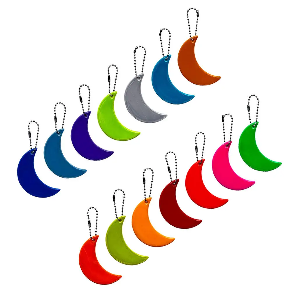 14Pcs Moon Shaped Reflective Keychain Pendant Safety Reflector Backpack Tag Hanging Chains for Running Cycling Night Visibility