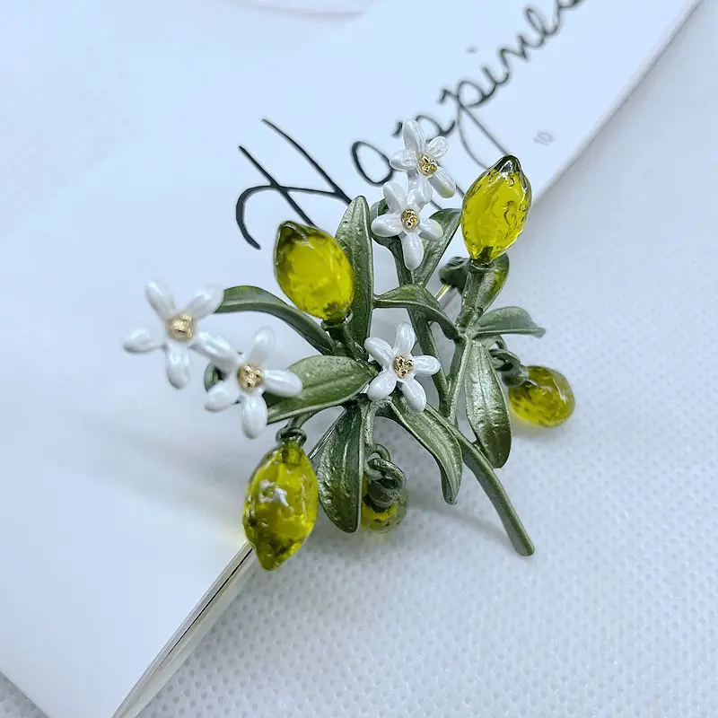 Fashion Elegance Lemon Brooches Flower Leaf Fruit Orange Blossom Corsage For Women Accessories image 4