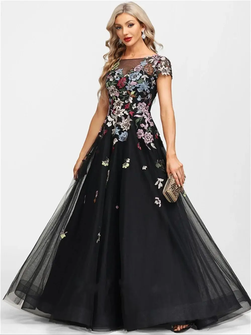 

Colorful Floral Applique Evening Layers Tulle Cap Sleeve A-Line Dress Wedding Party Gowns Formal Occasion Gowns Floor Length