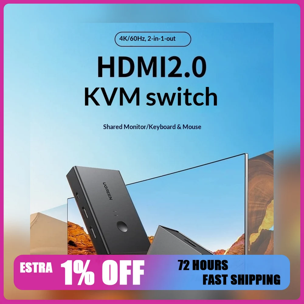 UGREEN 90478 CM571 HDMI 2.0 KVM Switch 2 In 1 Out 4K 60Hz for Two Computers One Monitor Keyboard Mouse