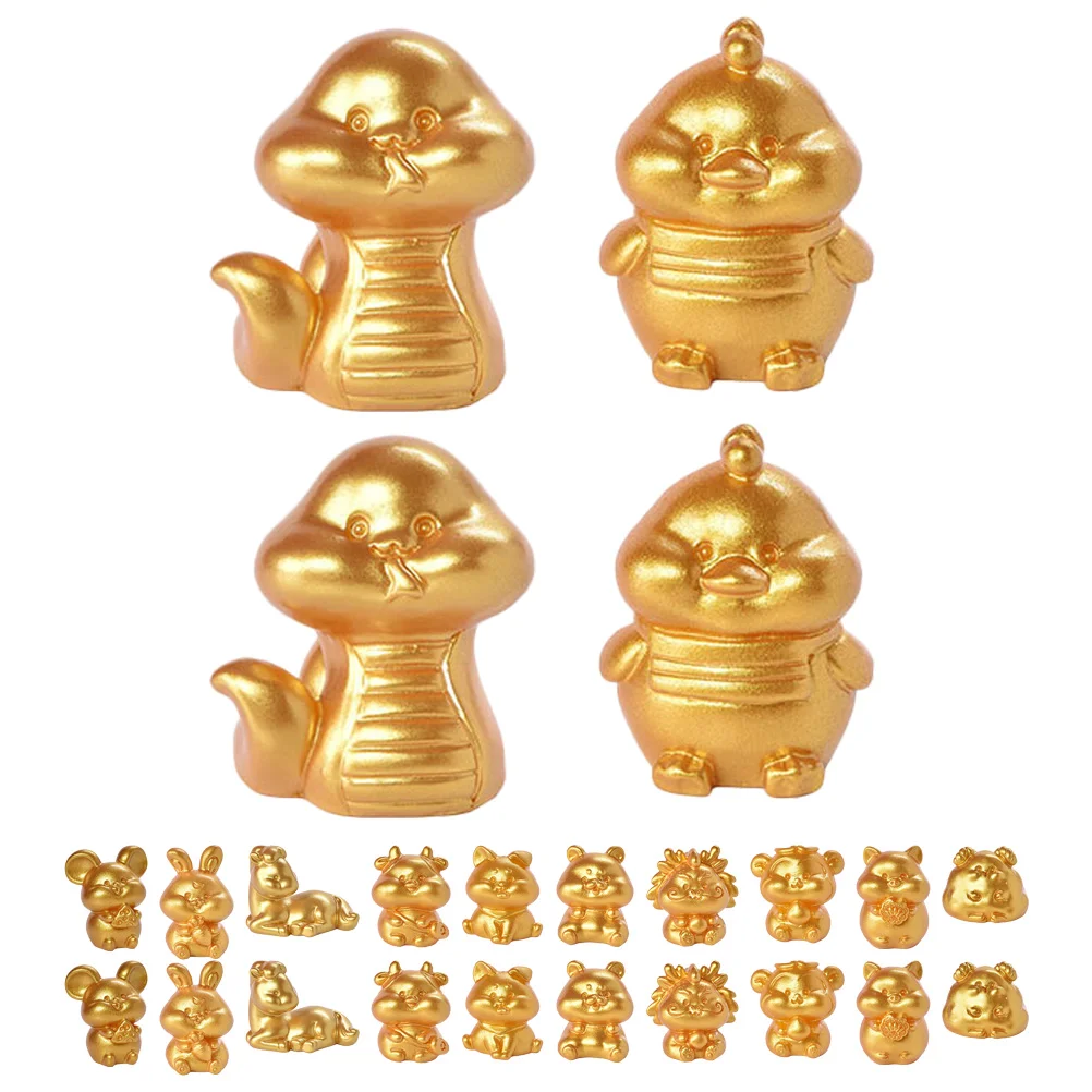 

24 Pcs Twelve Zodiac Golden Resin Ornaments Toy Small Modeling Statues Creative Animal Crafts Miniature Figurines