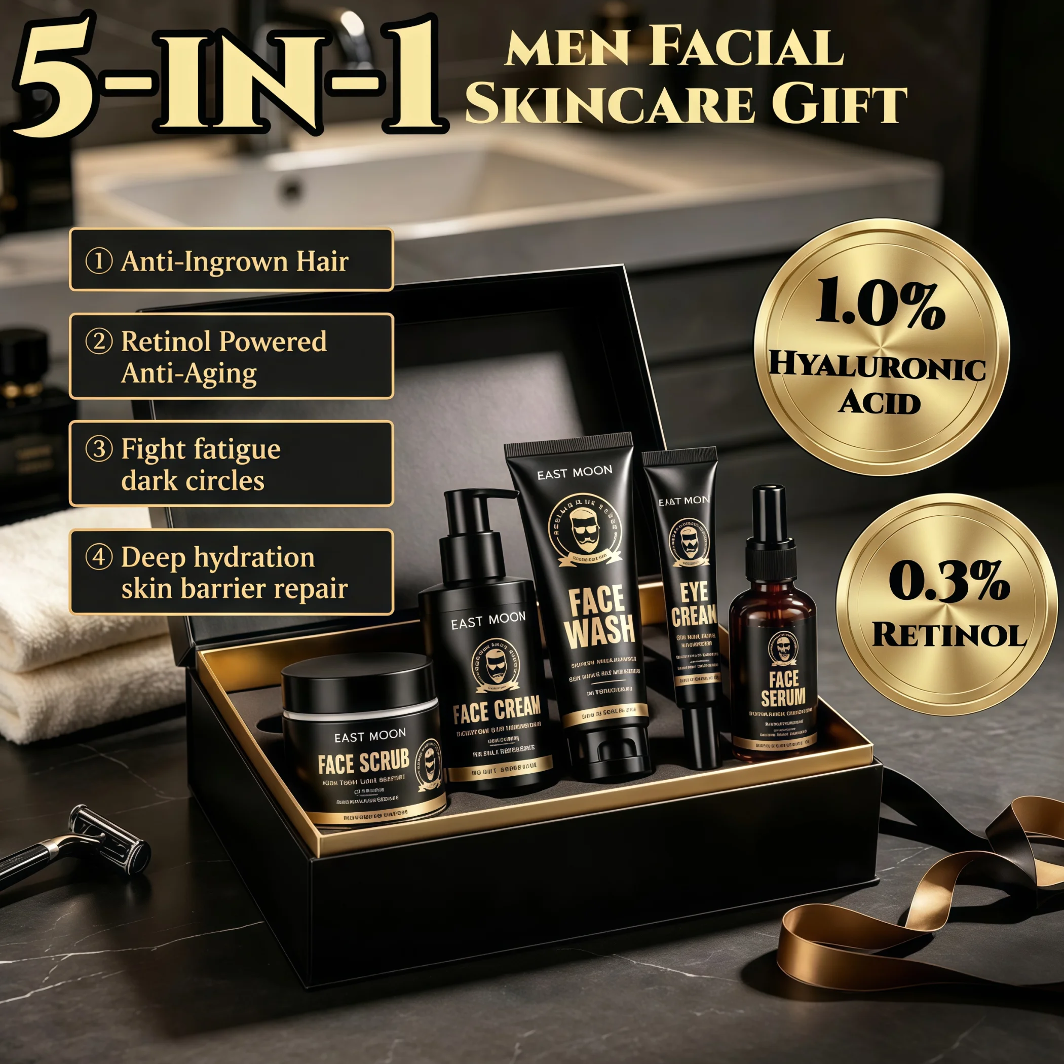5-IN-1 Men's Skincare Kit,Fight Fatigue&Dark Circles ,Retinol Powered Anti-Aging,Deep Cleansing&Pre Shave Preparation&Deep Hydration&Skin Barrier Repair,Oil Control & Moisturizing,Non Greasy&Matte Finish,All-in-One Complete Solution