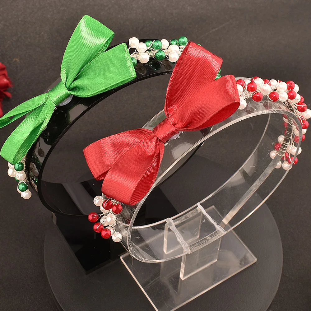 

DZ258 New Christmas Hairband Hot Sale Wholesale Bow Girls Hair Hoop Party Elk bell Santa headband red and green bow headdress