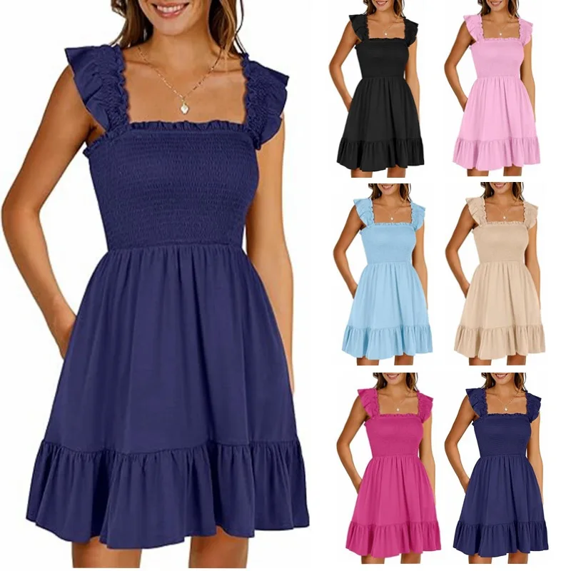 

2025 European And American Women's Clothing Explosions Sleeveless Square Neck Pleated Backless Short Sling Dress Women