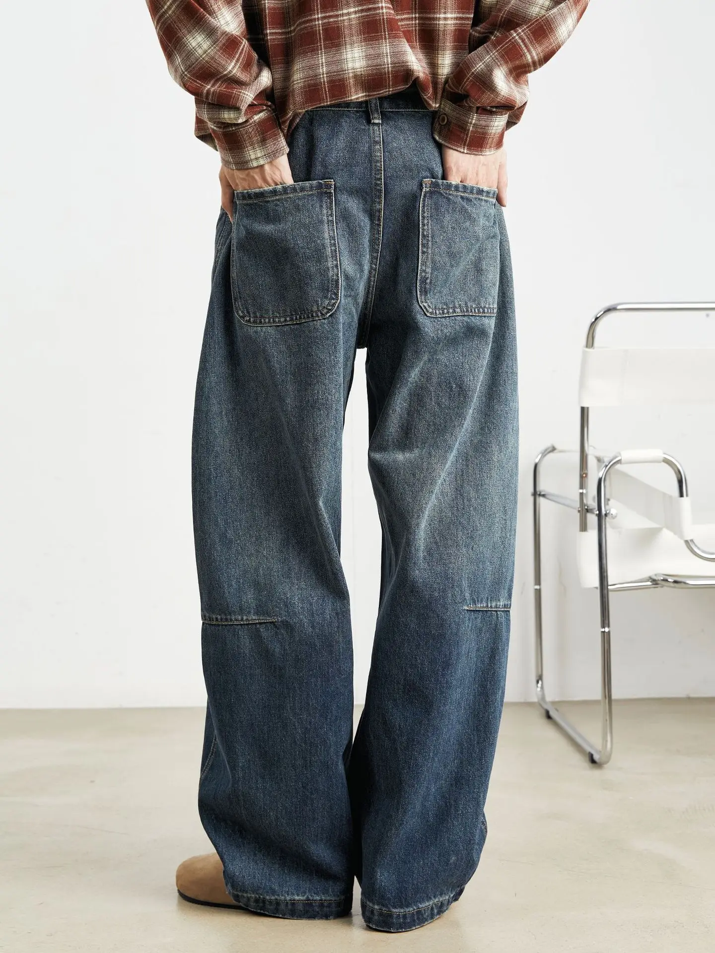 Celana Jeans Pria Yizhi Model Retro Amerika, Celana Daddy Draperi Musim Semi dan Gugur, Celana Ukuran Besar