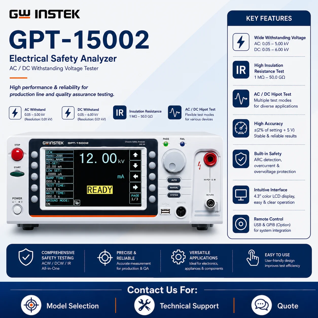 GWINSTEK GPT-12001/15001 Series AC/DC Hipot Tester, Insulation Resistance, Ground Bond & Electrical Safety Analyzer