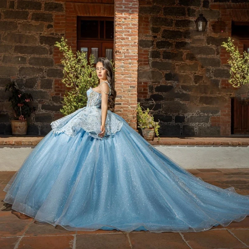 Sky Blue Sweetheart Quinceanera Dress Off Shoulder Princess Prom Ball Gown Sweet 16 XV Years Old Beads Lace Birthday Pageant