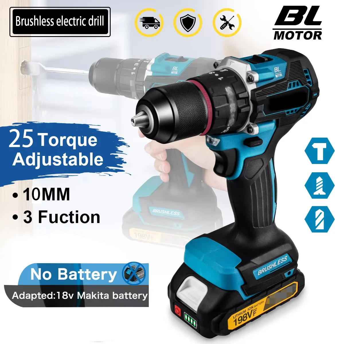 10MM Brushless Electric Impact Drill 25+3 Torque Electric Screwdriver Hammer Drill Tools For Makita 18V Battery Pins