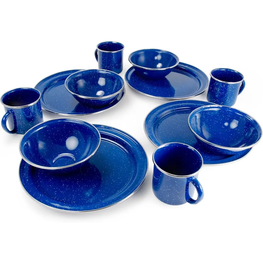 

Pioneer Enamel 12 Pieces 4-Person Dish Set Including Plates Bowls and Mugs for Camping Outdoors RV and Camp Use with Durable En
