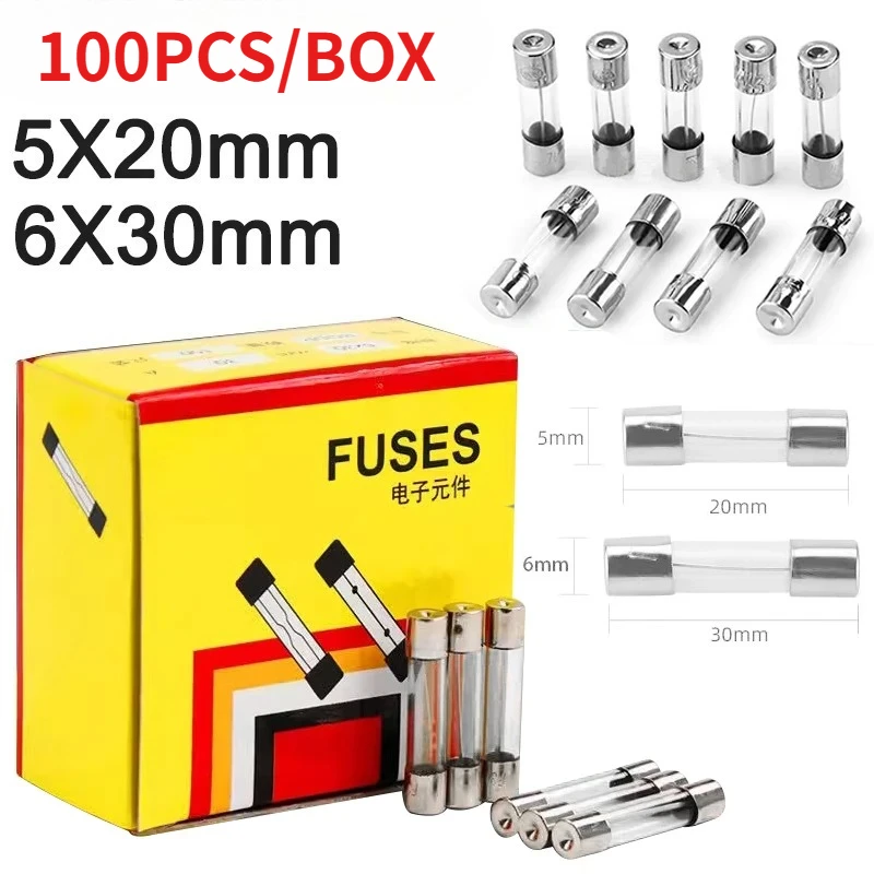 100PCS/BOX 0.1A 0.2A 0.5A 1A 2A 3A 4A 5A 6A 7A 8A 10A 12A 15A 20A 30A 5*20MM 6*30MM Glass Fuse Fast Fuse 250V Quick Blow
