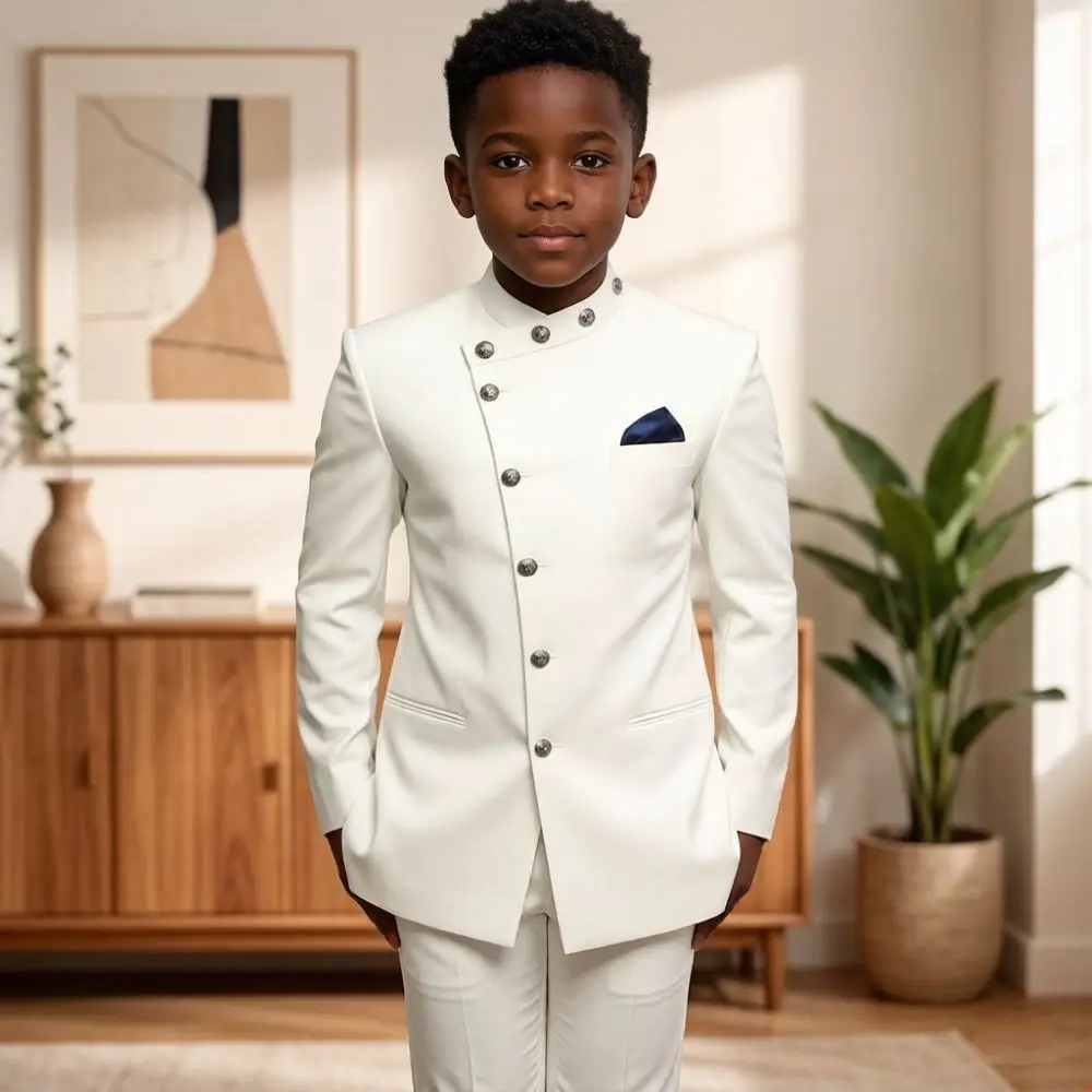 Boys Single Breasted 2 Pieces Tuxedo Outfit Stand Collar Diagonal Button Placket Smooth Fabric Wedding Banquet Graduation Wear